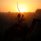 A man, silhouetted by a setting sun, waves a whip while riding a camel.